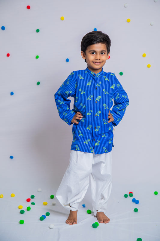 Blue & Gold Elephant Kurta Pajama set