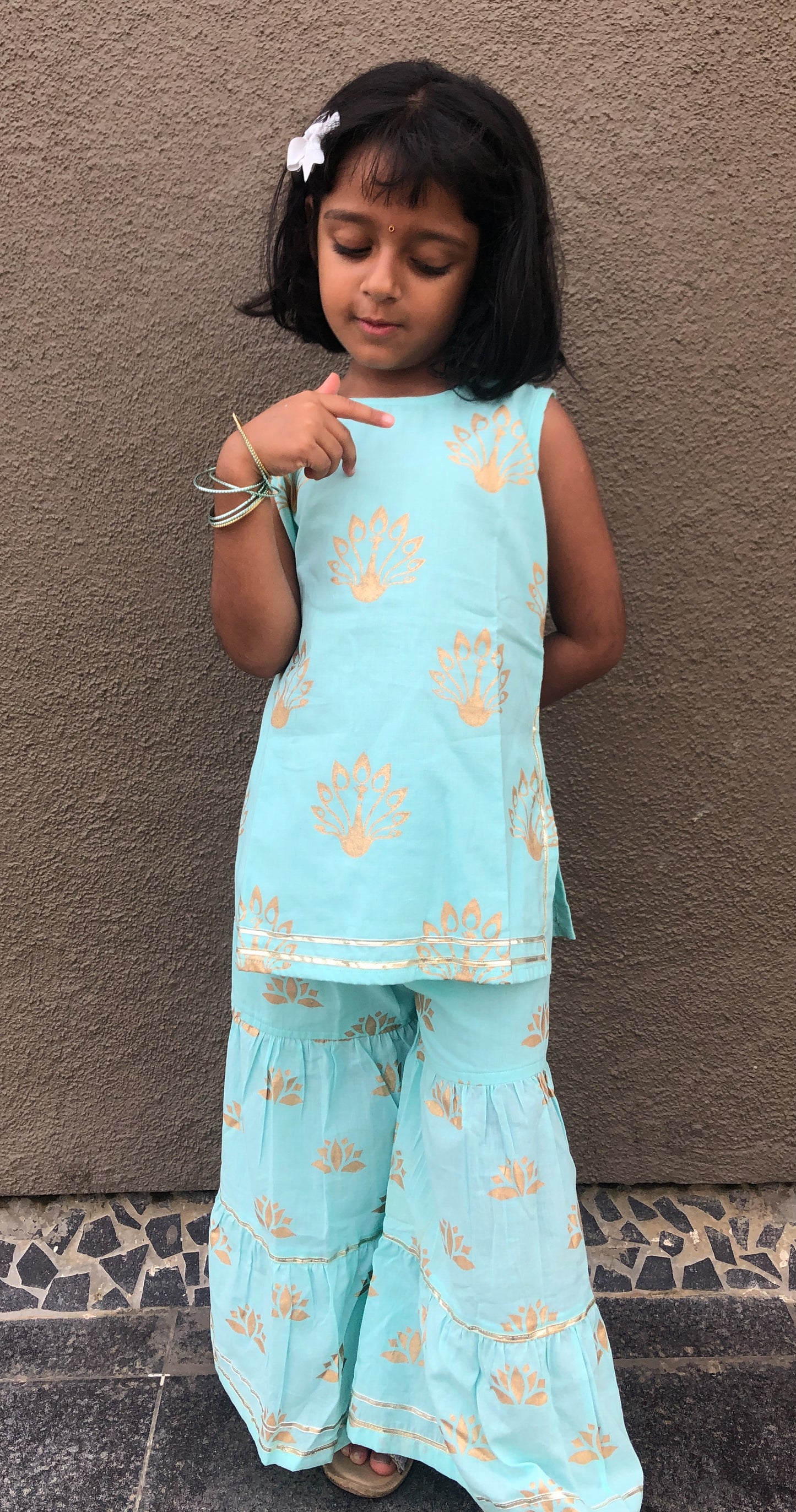 Blue & Gold Peacock Sharara Set