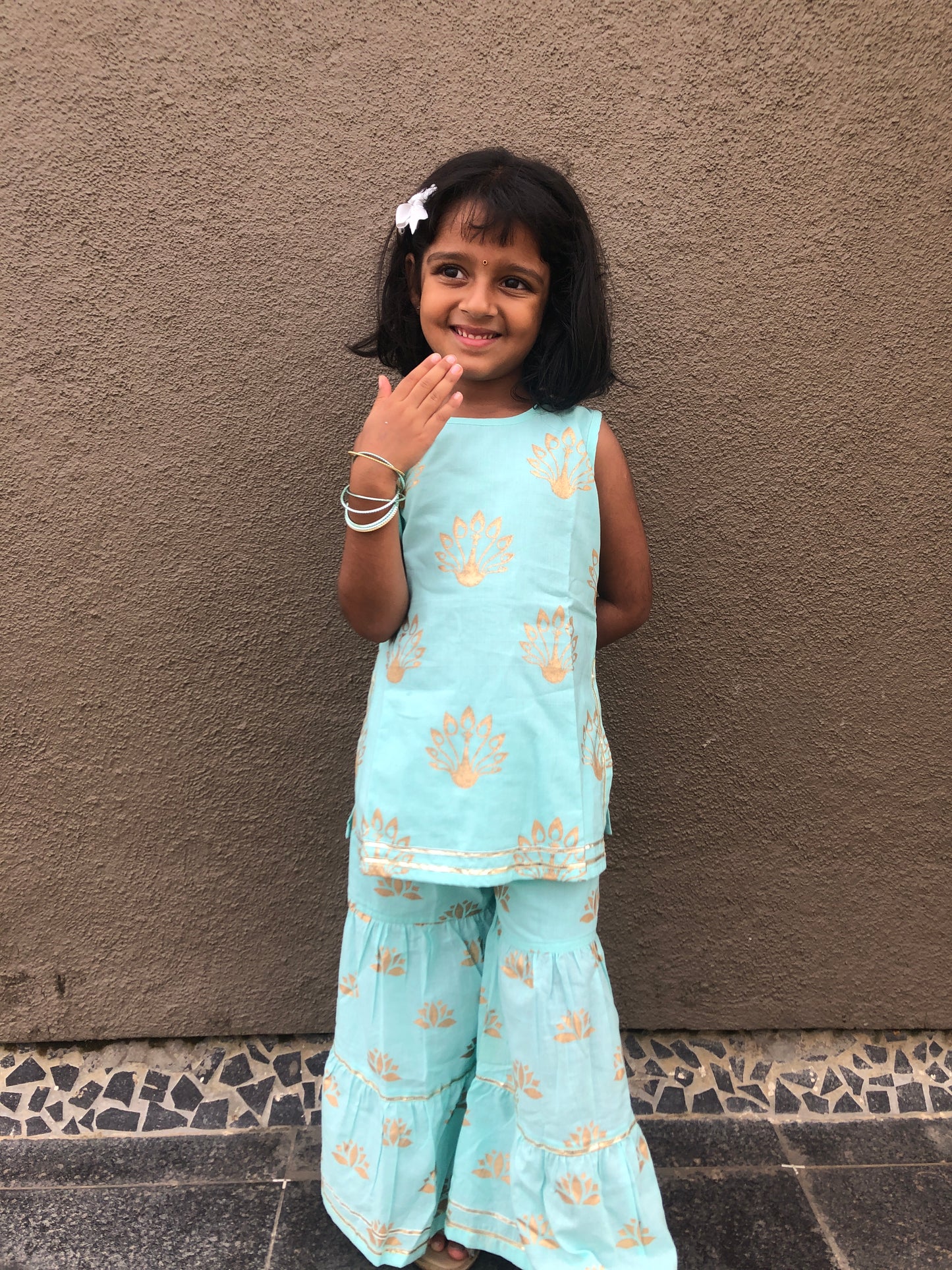 Blue & Gold Peacock Sharara Set