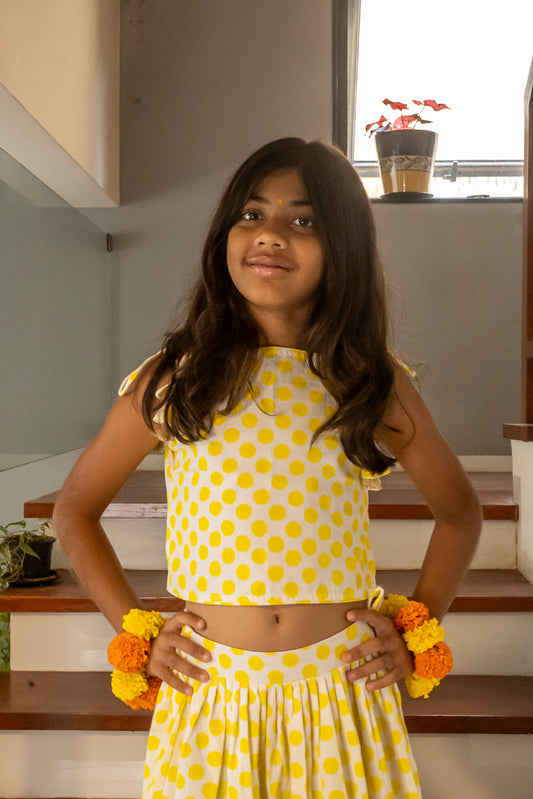 Yellow polka dot Ghagra Choli set