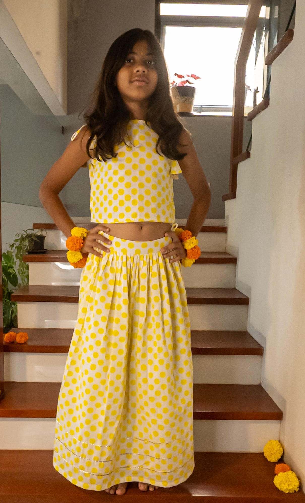 Yellow polka dot Ghagra Choli set