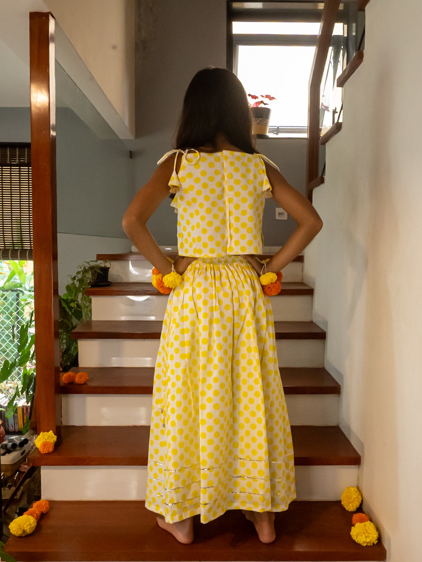 Yellow polka dot Ghagra Choli set
