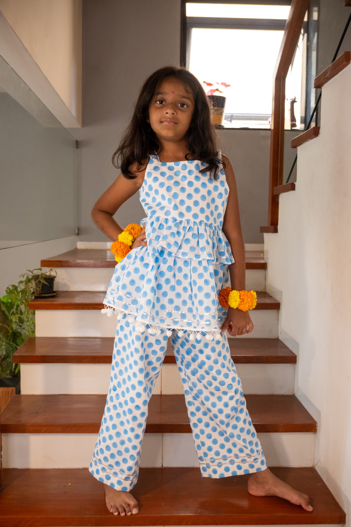 Blue Polka dot Pom Pom Coord Set