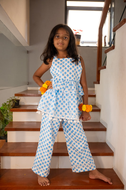 Blue Polka dot Pom Pom Coord Set