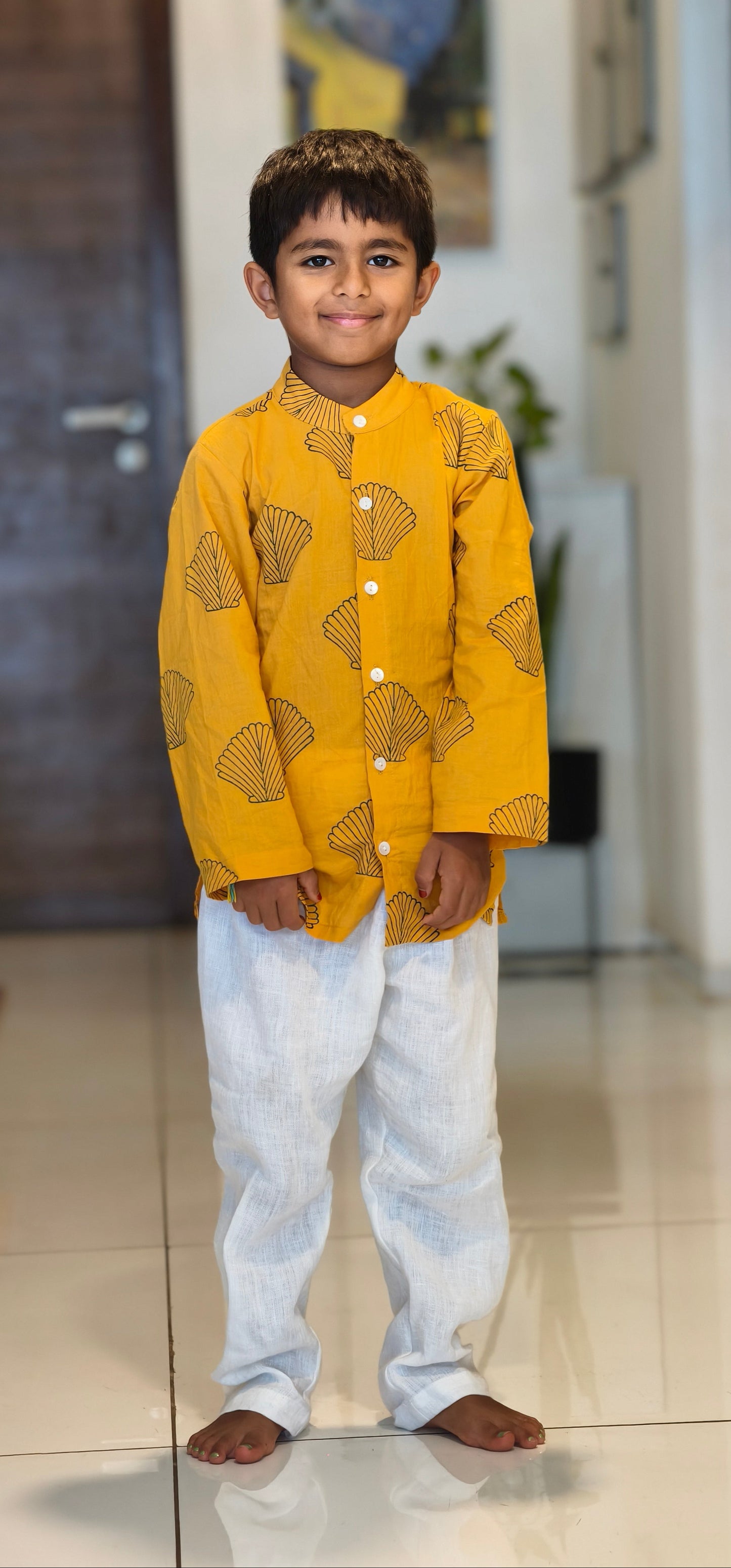 Yellow with bottle green Shells Kurta Pajama set