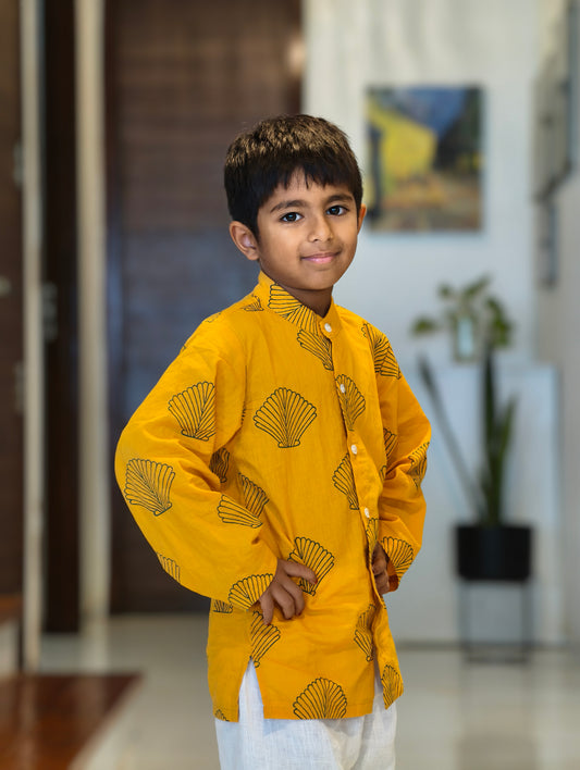 Yellow with bottle green Shells Kurta Pajama set