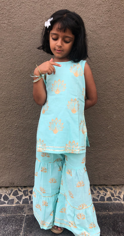 Blue & Gold Peacock Sharara Set
