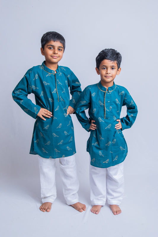 Teal Green Parrot Kurta Pajama set