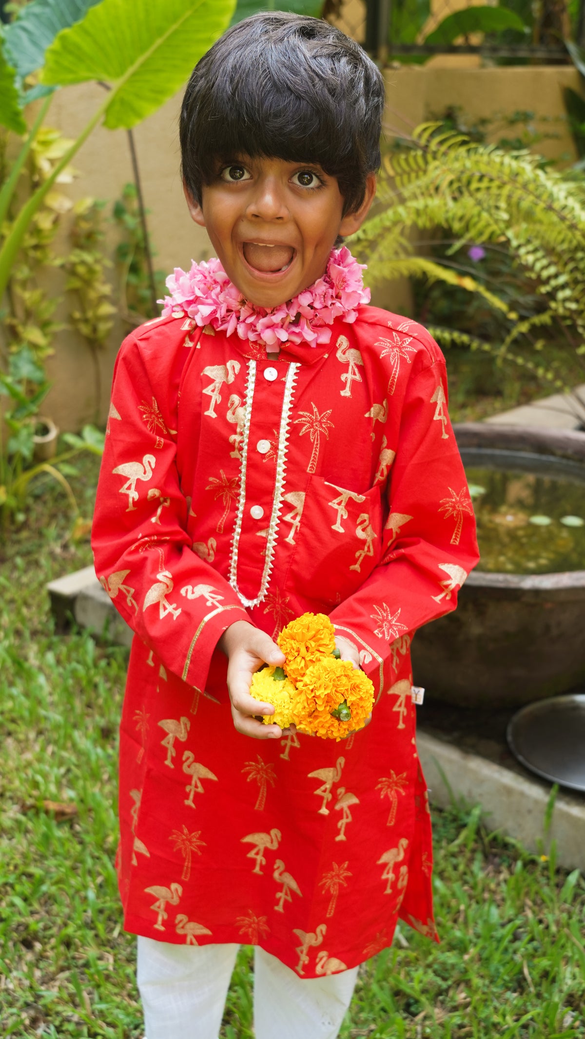 Red & Gold Flamingo Kurta Pajama set