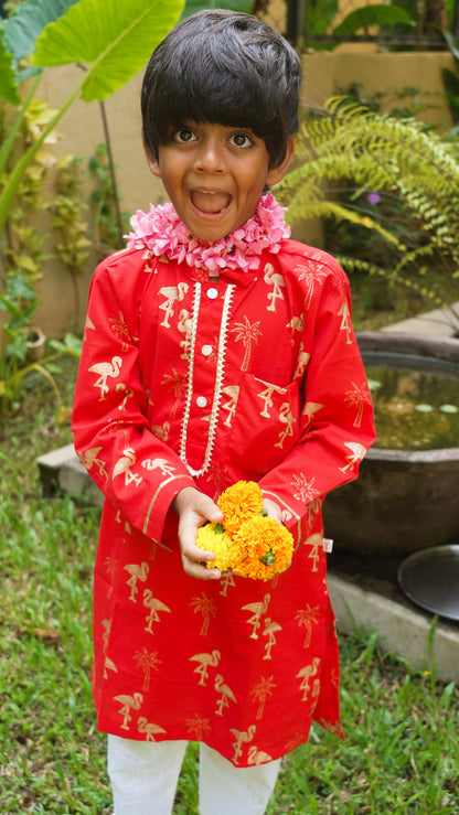 Red & Gold Flamingo Kurta Pajama set