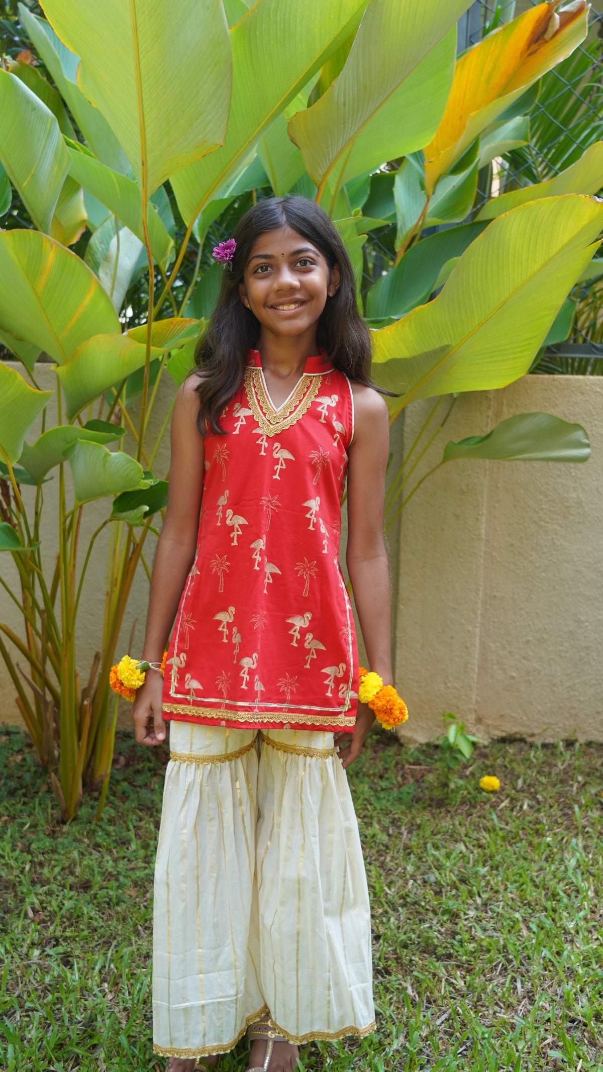 Red & Gold Flamingo Sharara Set