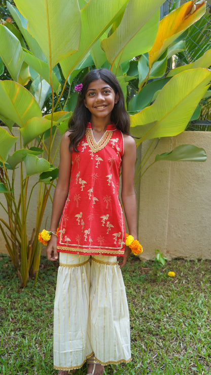 Red & Gold Flamingo Sharara Set