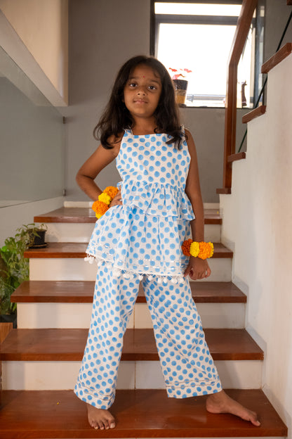 Blue Polka dot Pom Pom Coord Set