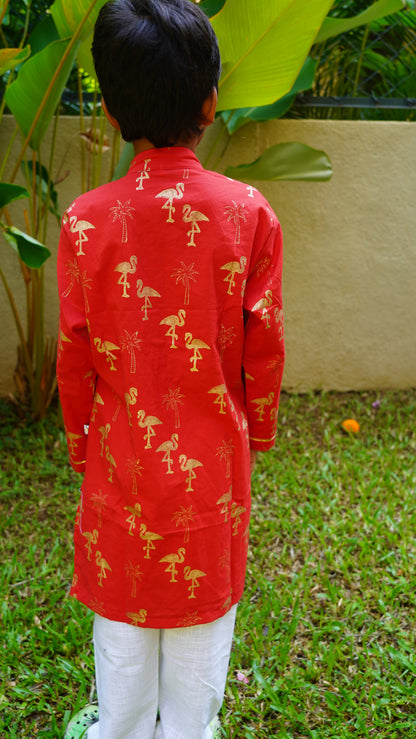 Red & Gold Flamingo Kurta Pajama set