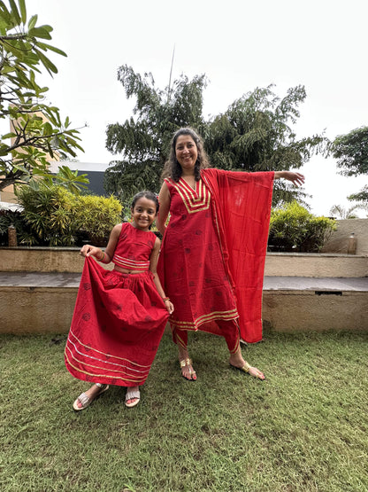 Red with Blue Rose Kurta Dhoti Set