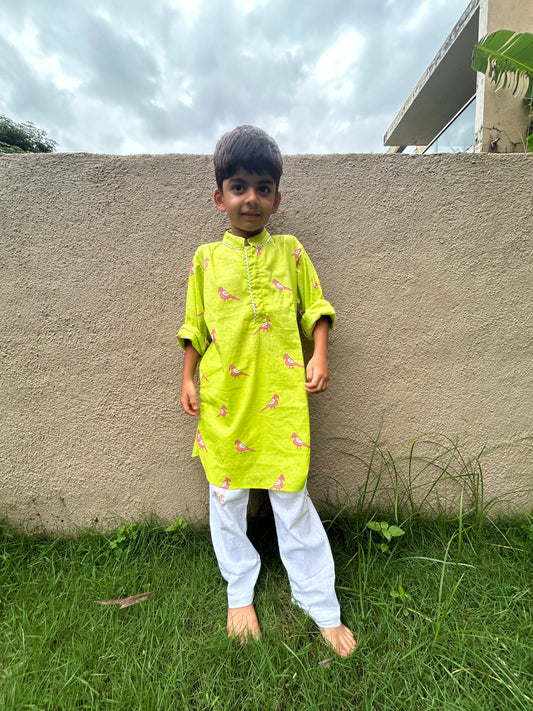 Green and Pink Parrot Kurta Pajama set