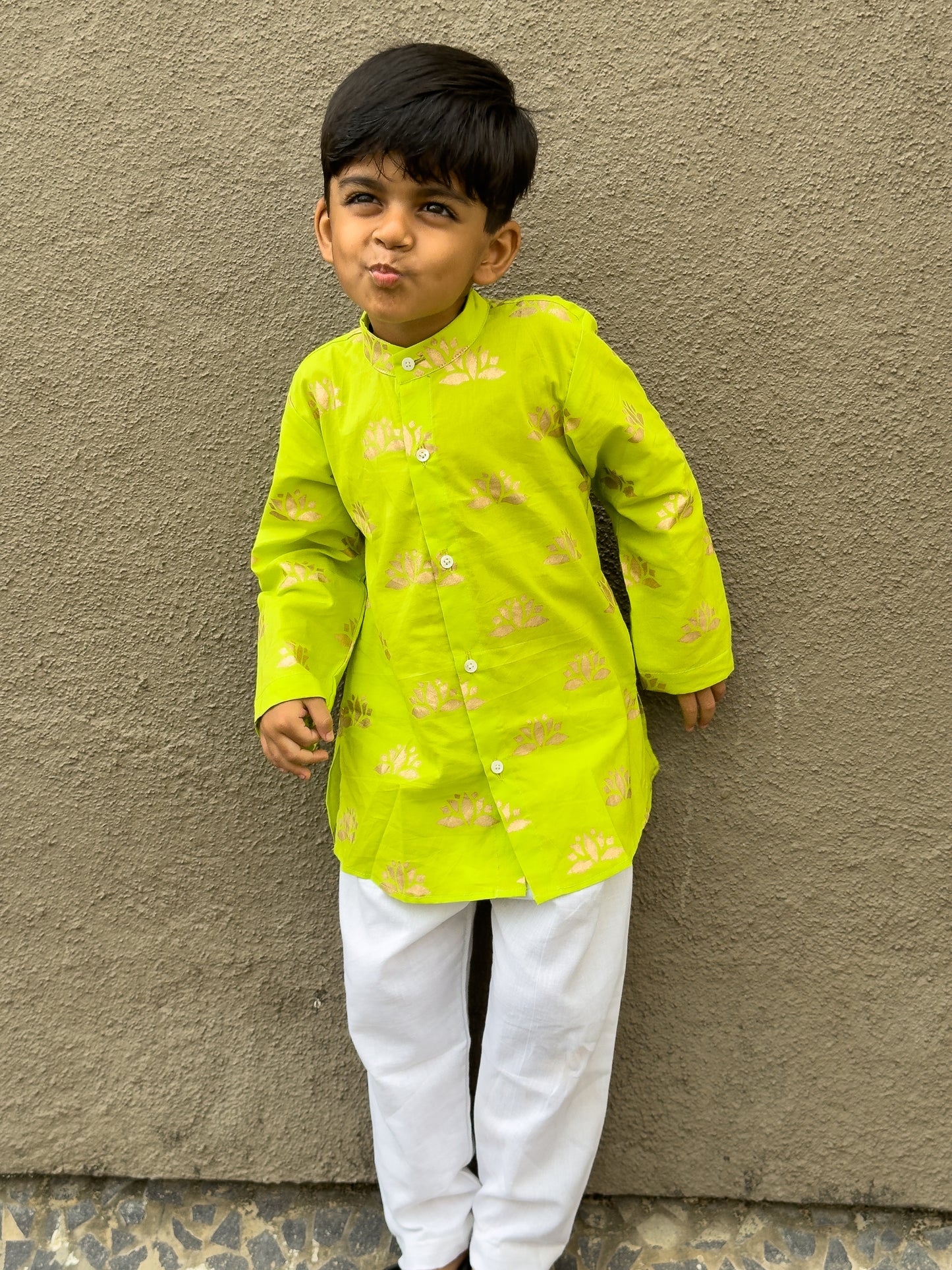 Neon Green Lotus Kurta Pajama Set