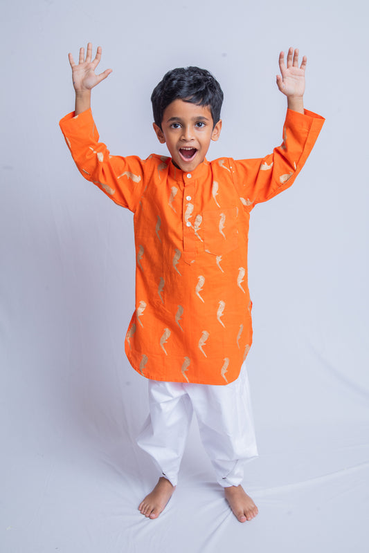 Orange & Gold Parrot Kurta Pajama set