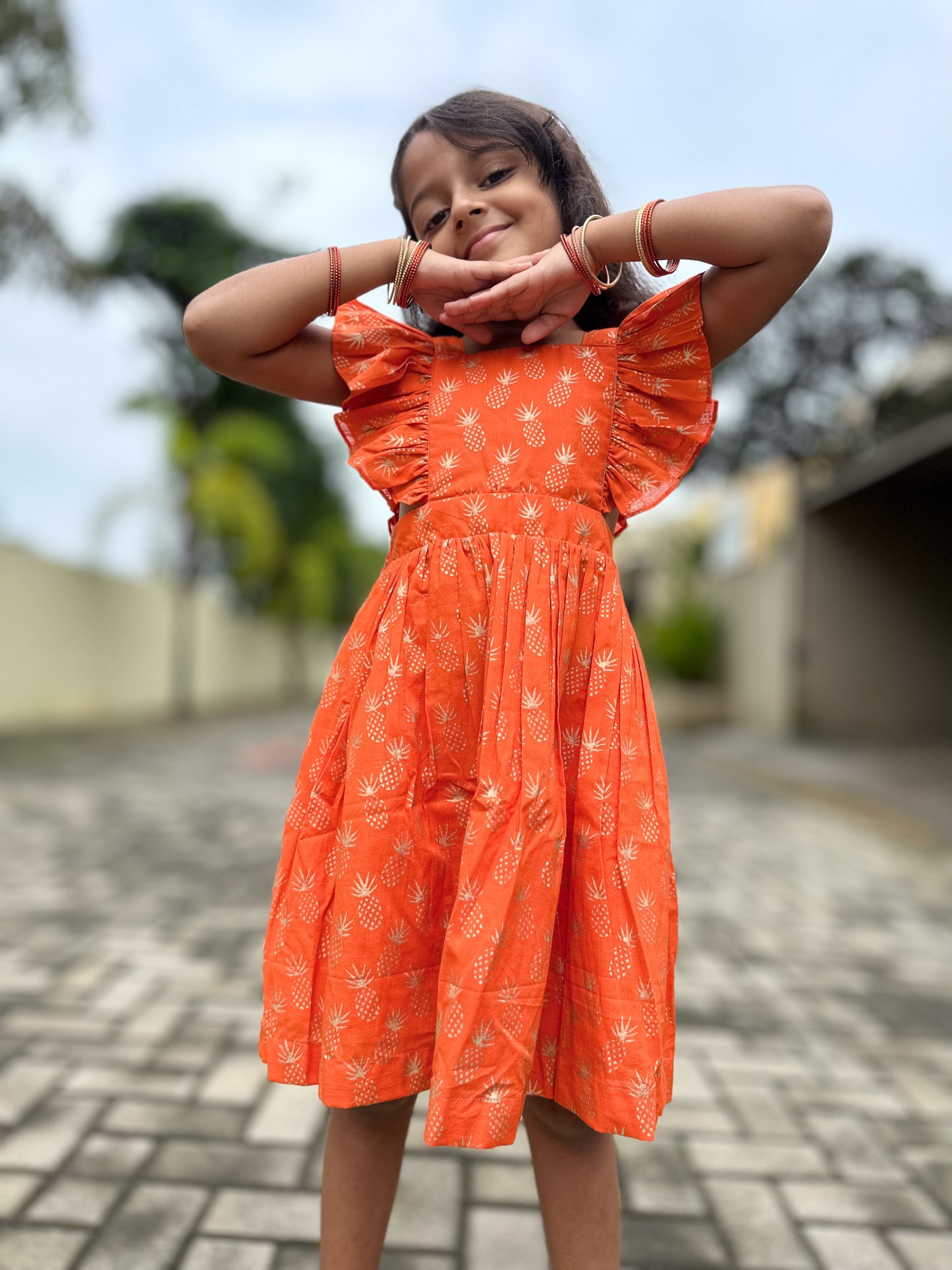 Orange & Gold Pineapple Ruffle Dress