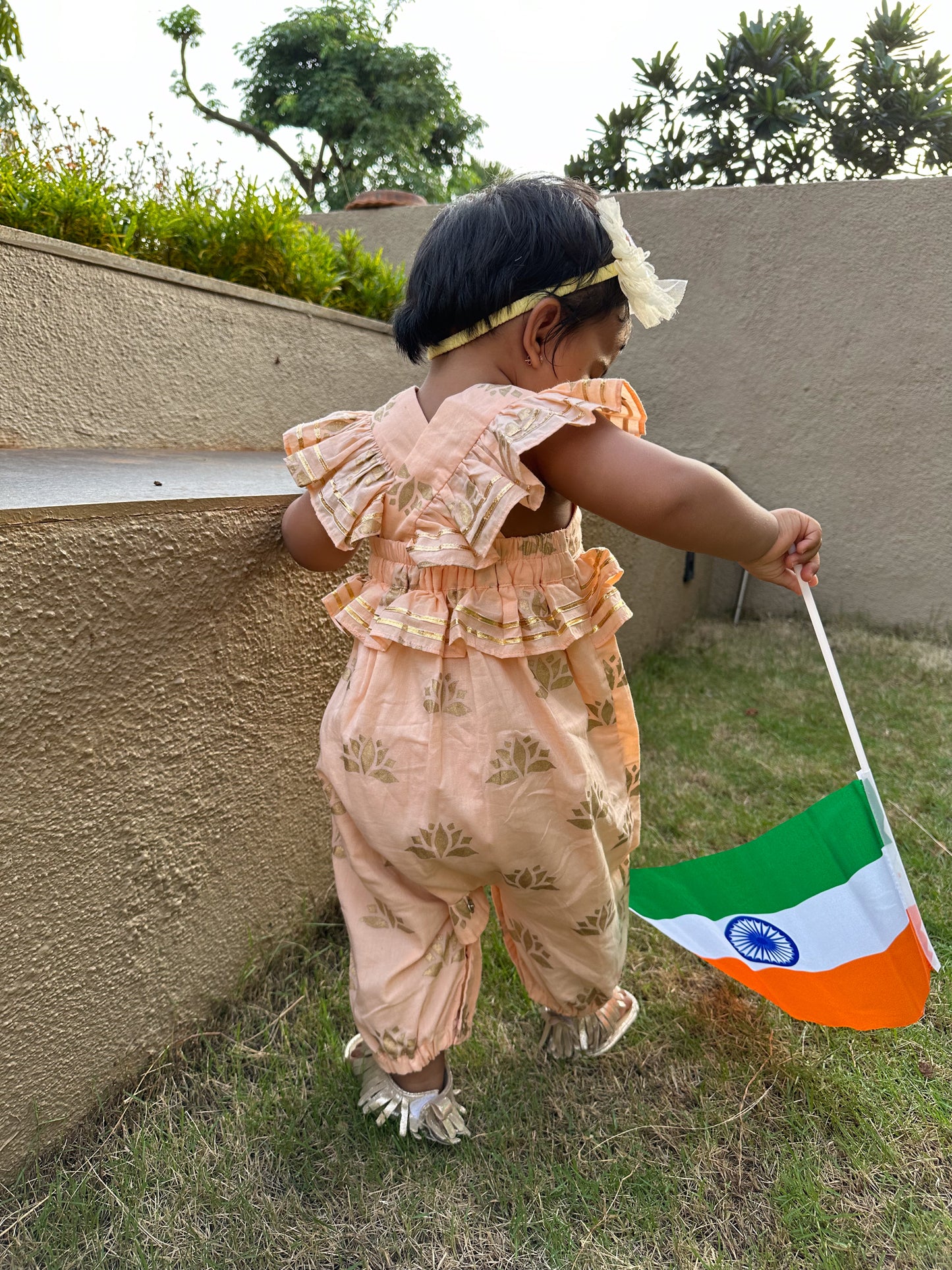 Peach & Gold Lotus Girls Jumpsuit