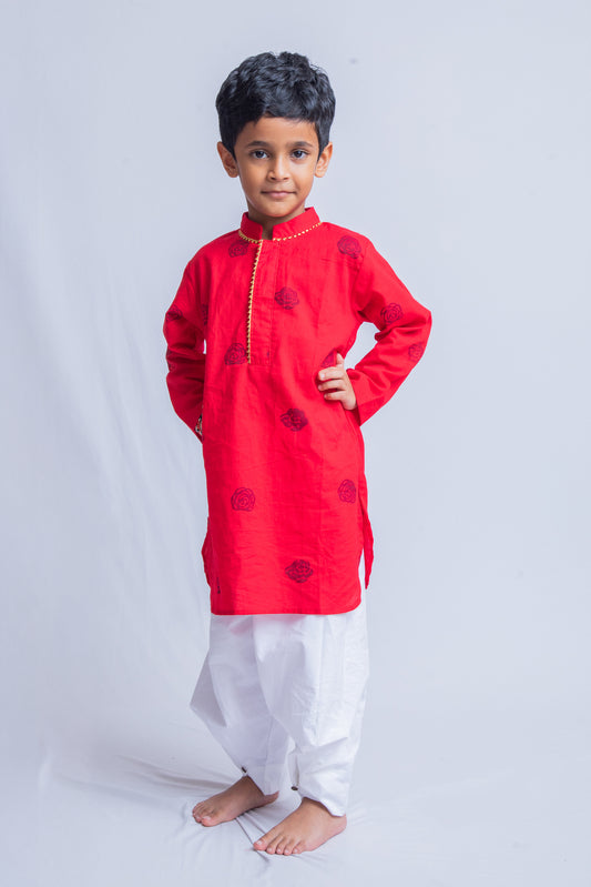 Red with Blue Rose Kurta Pajama set