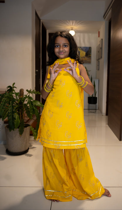 Yellow & Gold Peacock Sharara Set