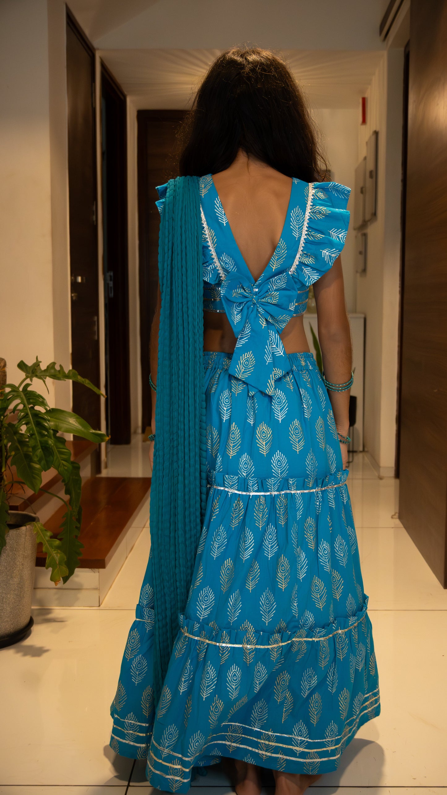 Blue Gold Silver Feathers ghagra choli set