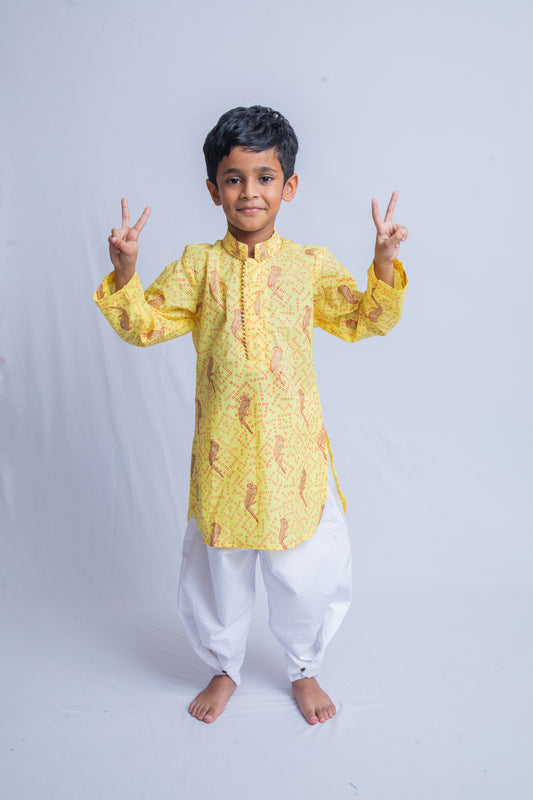 Yellow Bandhini Parrot Kurta Pajama set