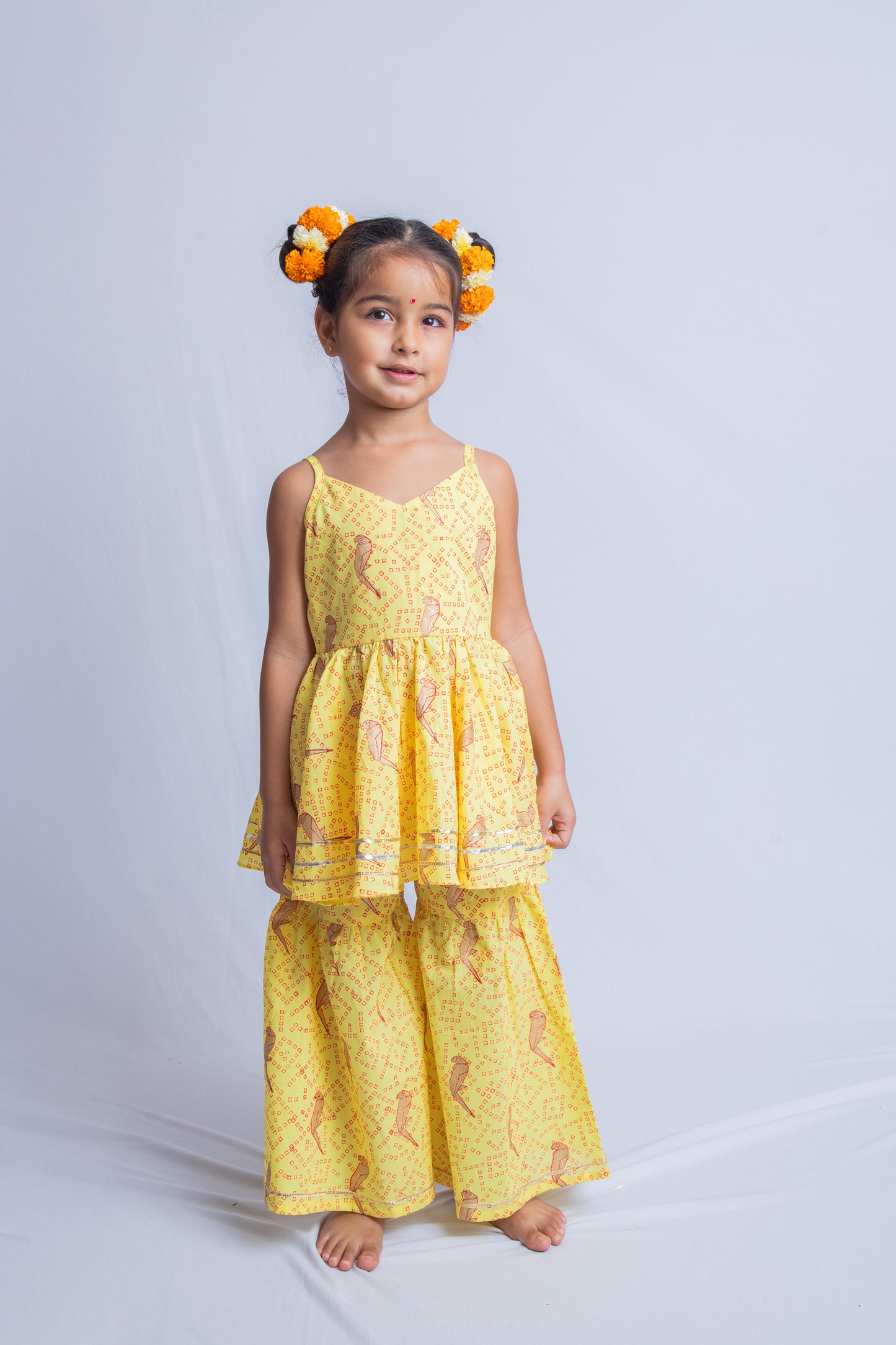 Yellow Bandhini Parrot Sharara Set