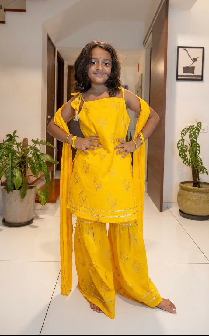 Yellow & Gold Peacock Sharara Set